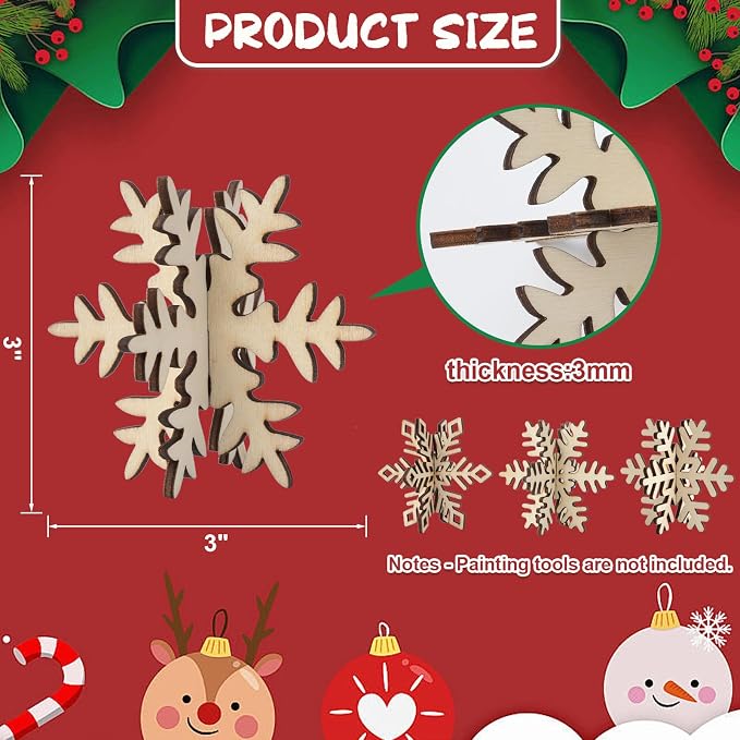 COCHIE DIY 3D Snowflake Wood Crafts to Paint, Paintable Unfinished Wooden Slices