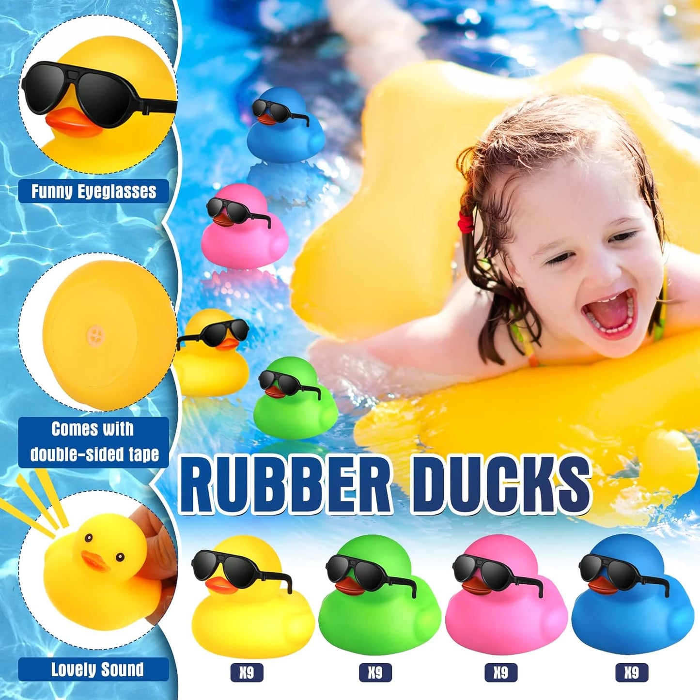 Chivao 36 Pcs Mini Rubber Ducks with 36 Sunglasses Rubber Ducks in Bulk Bathtub Duckies Toys for Kids Christmas Valentine Gifts Birthday Party Favors Cruise(Colored,Duck with Sunglasses)