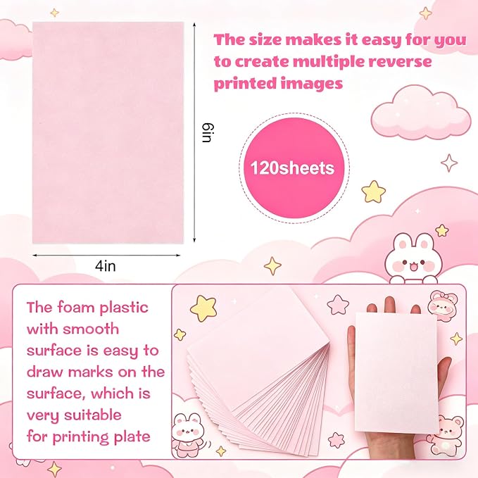 Cholemy 120 Pcs Foam Printing Plates 4 x 6 Inch Pink Foam Sheets 1/20 Inch