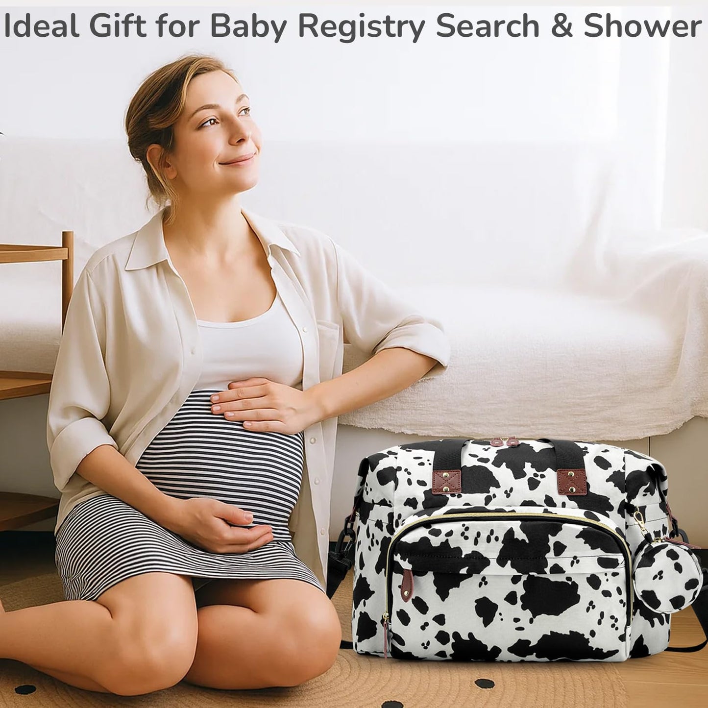 Diaper Bag Tote, Baby Bag Travel Diaper Tote Bag with Pacifier Case, Cute Maternity Hospital Baby Stylish Diaper Tote for Mom Dad Medium Size, Cow Print