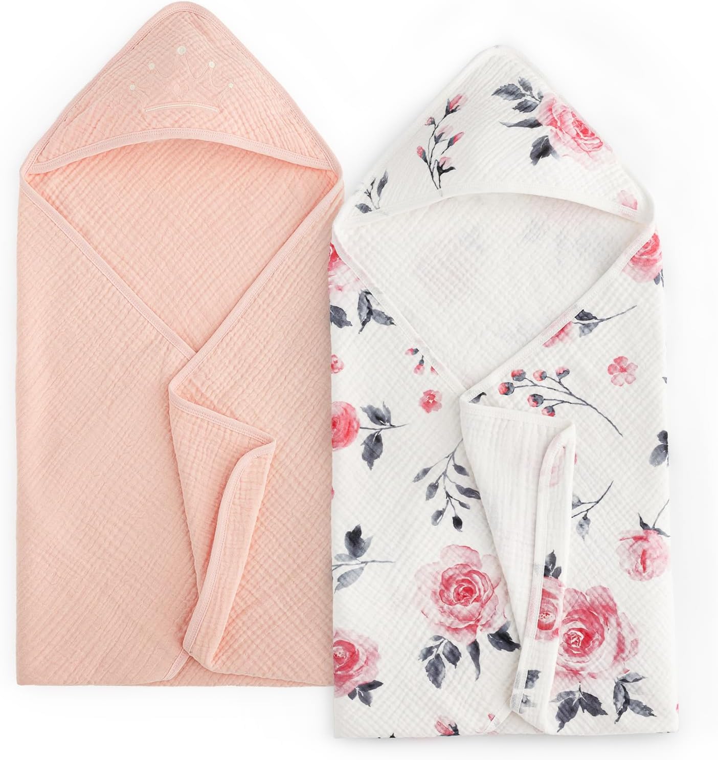 david's kids 2 Pack Hooded Baby Towels, Large 32"x32", 6 Layer 100% Muslin Cotton Absorbent Girl Bath Towel for Newborn, Infant and Toddler. Soft and Breathable Baby Essentials, Pink Floral&Rose