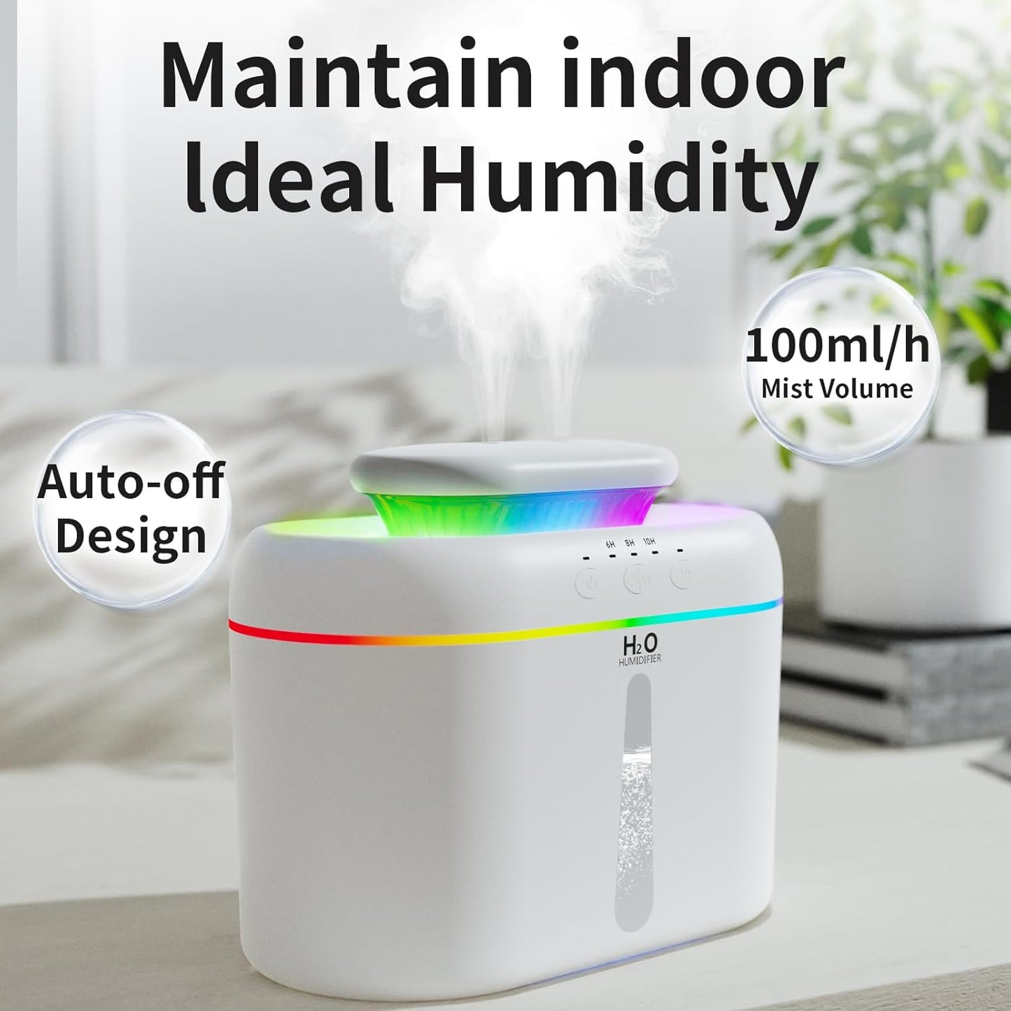 2L humidifiers for bedroom Large Room Home Ultra-Quiet 28 dB Quiet Supersized Cool Mist Air Humidifier for Baby Nursery，Dual Nozzie，Easy to Clean & Fill, 7 Color NightLight