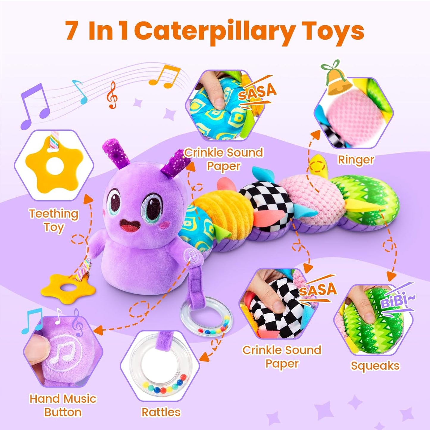 Baby Toys 0-6 Months, Washable Baby Musical Caterpillar Toys with 10 Kid's Song,Rattles,BabyTeething Toys,Suitable for 0-6, 6-12 Months Infant Tummy Time Toy,Newborn Baby Boy&Gril Scensory Gifts