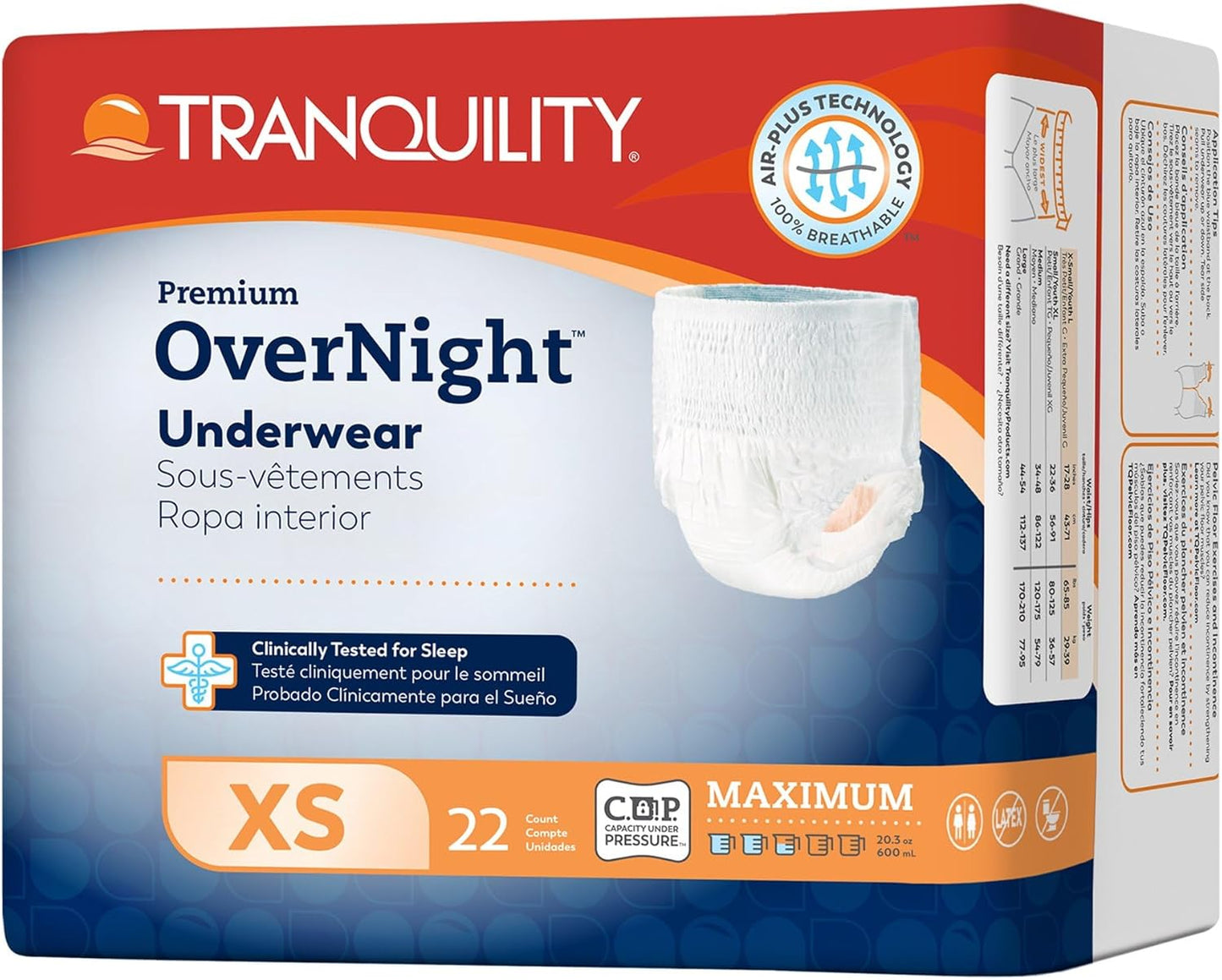 Tranquility Premium OverNight Disposable Absorbent Underwear (22 Count) - XS, 17-28 in. Waist - Maximum Absorbency, All-Night Sleep, Breathable Comfort, 22 Adult Diapers