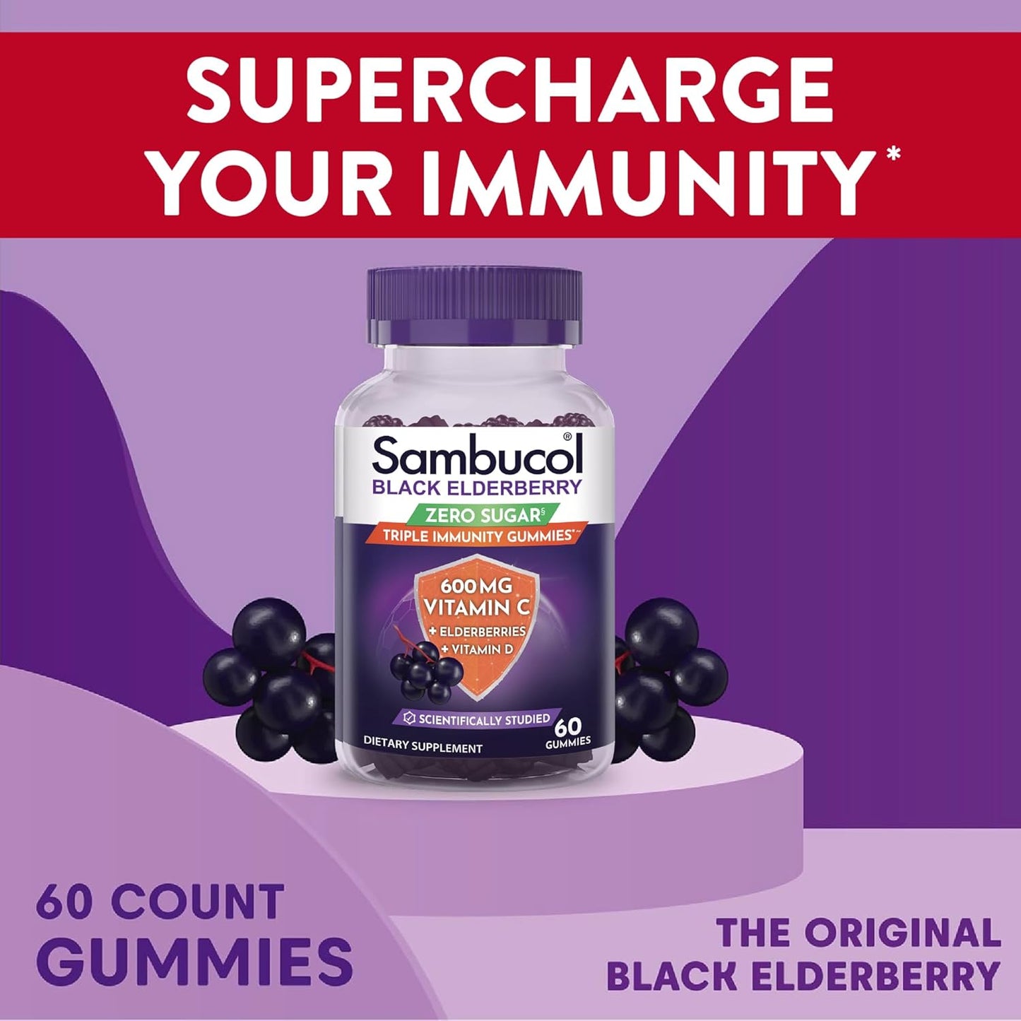 Sambucol Black Elderberry Zero Sugar Triple Immunity Gummies - Black Elderberry Vitamin C Immune Support Supplement, Gummy with Vitamin D for Adults and Kids - 60 Gummies (Pack of 1)