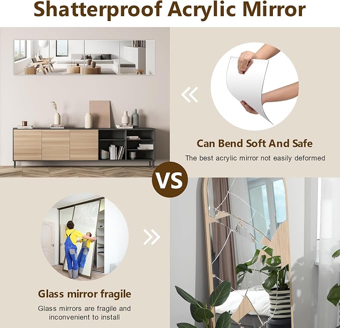 Full Length Mirror Tiles, 12x12 Inch Unbreakable Acrylic Squares