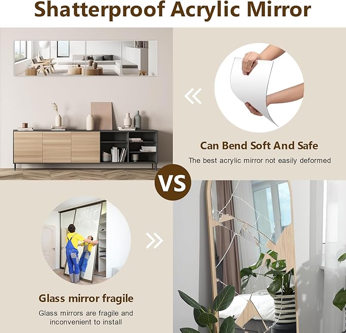 Shiftshade 4 Pack Wall Mirror Full Length, 12 x 12 Inch Acrylic Mirror Tiles