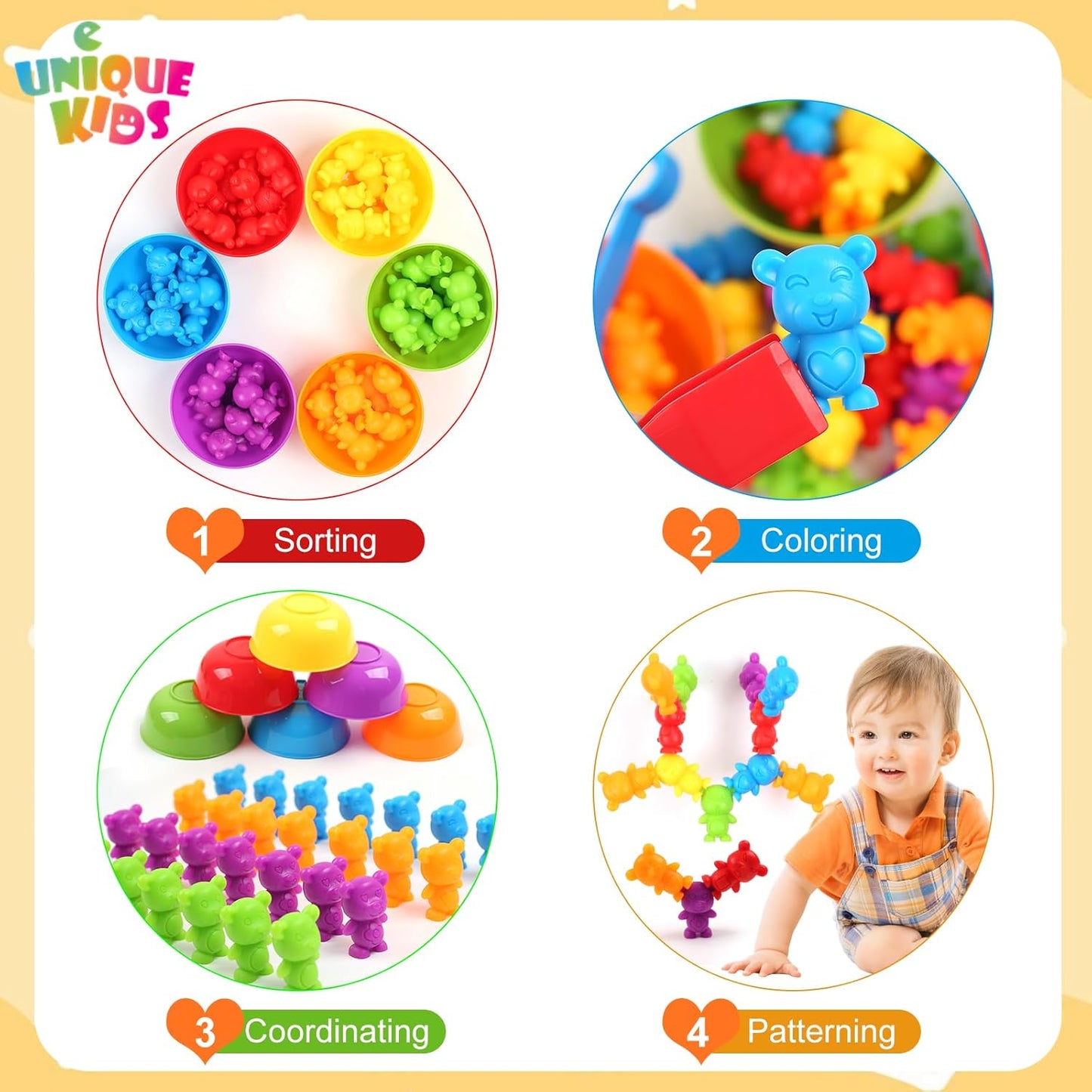 UNIQUE KIDS Counting Matching Game with Sorting Cups, Color Classification and Sensory Training Educational Learning Toys Set Gift for Toddlers Preschool Ages 3 Years and up (New Stacking Bear)