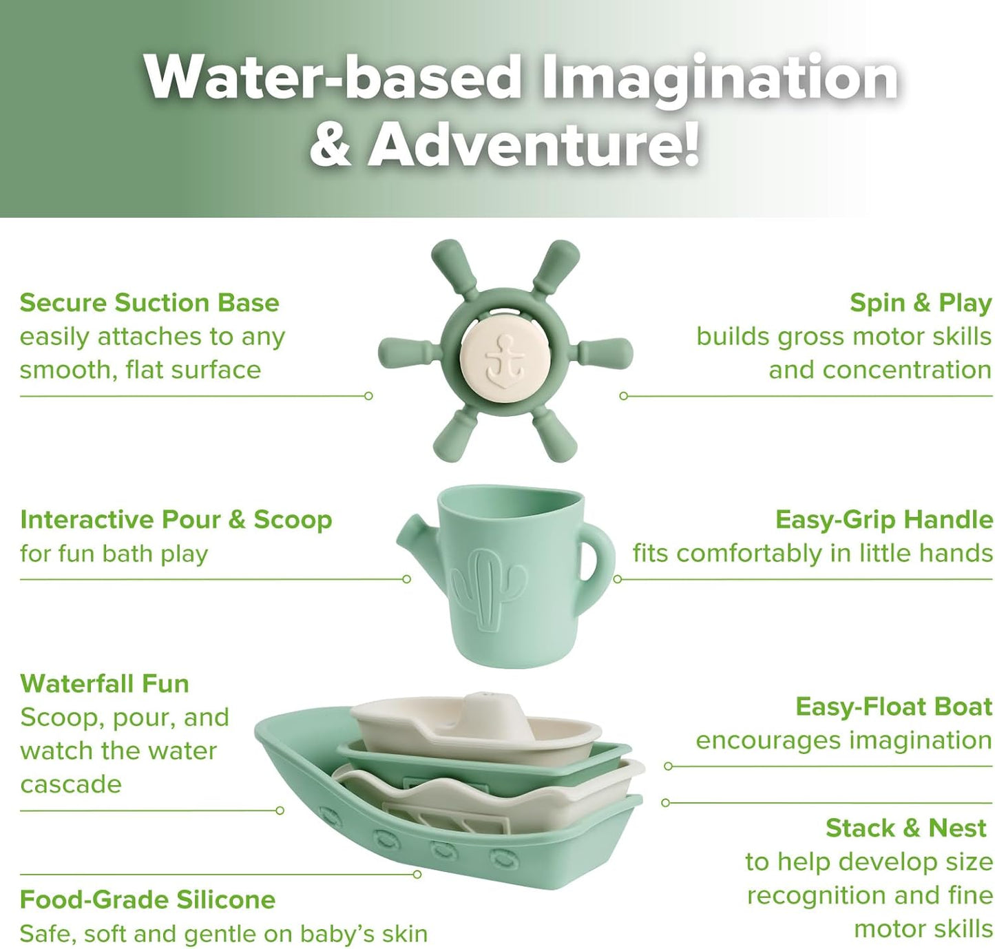 Haakaa Nautical Silicone Baby Bath Toys Set, Food Grade Silicone Bathtub Toys for Toddlers, Mold-Free Stacking Boats & Spinner Toy & Pouring Cup, BPA Free Floating Tub Toys for Baby 6M+