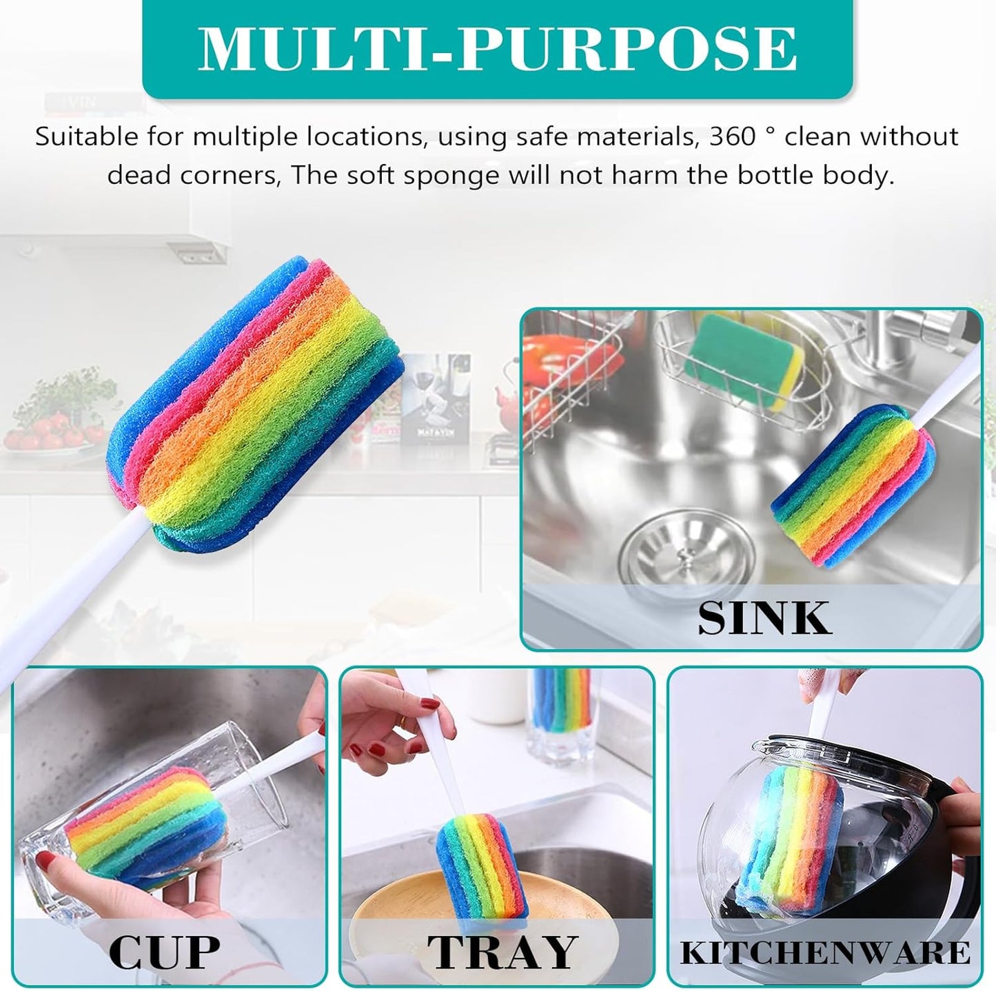 Bottle Brush 4PCS with Straw Brush 4PCS Sponge Cleaning Brushes Long Handle Scouring Pad Scrub Brushes for Kitchen Clean Baby Bottle Glasses Mugs Cups Straw (4PCS+Straw Brush 4PCS)