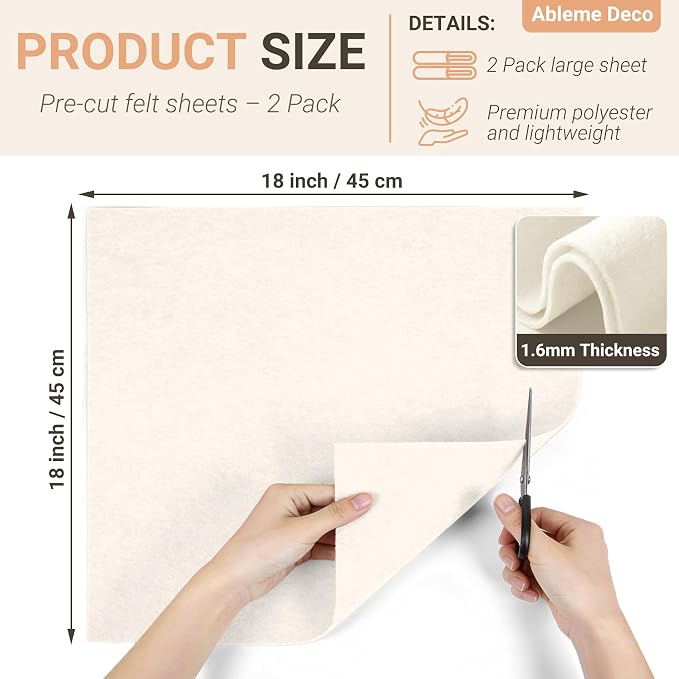 Ivory Felt Fabric Sheets 18" x 18" 1.6mm Soft Craft Felt Squares | Soft Precut