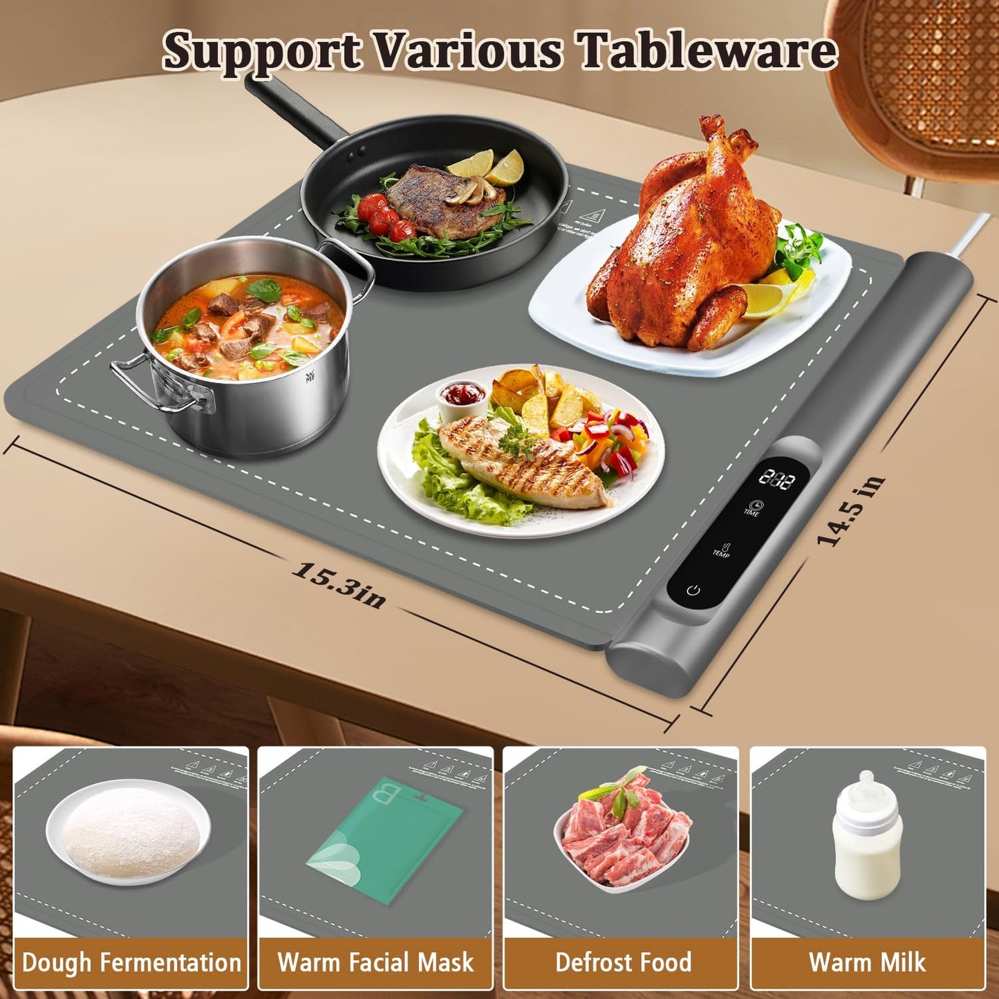 Upgrade Graphene Warming Mat for Food, Rapid Heating Food Warming Mats for Countertop with 6 Temps & Timer Settings, Portable Electric Warming Tray for Buffets Party, Gray