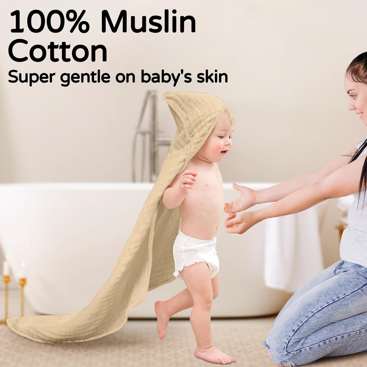Yoofoss Hooded Baby Towels for Newborn 2 Pack 100% Muslin Organic Cotton Baby Bath Towel with Hood for Babies, Infant, Toddler and Kids, 32x32Inch, Soft and Absorbent Newborn Essential, Beige Floral