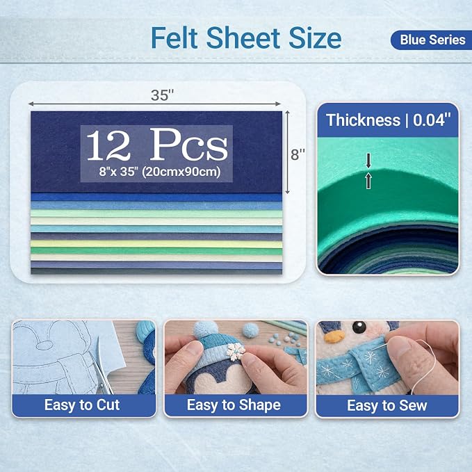Large Stiff Felt Sheets 8"x35" – 12 Assorted Colors Felt Fabric Bundle Pack