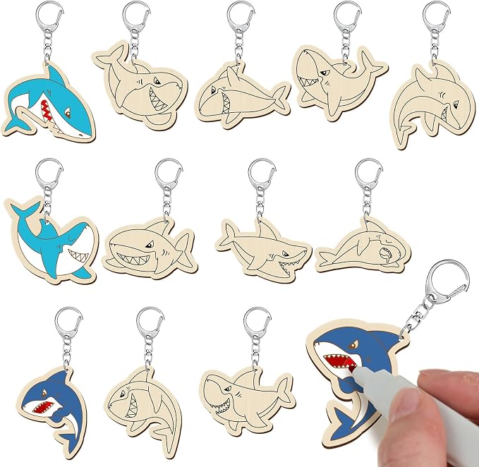 RattanView 24 Pcs Summer Shark Crafts Color Your Own Keychains DIY Craft Wooden