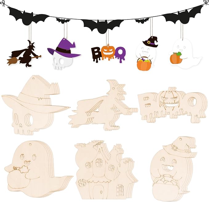 24 PCS Unfinished Wooden Halloween Crafts, Pumpkin Ghost Shaped Hanging
