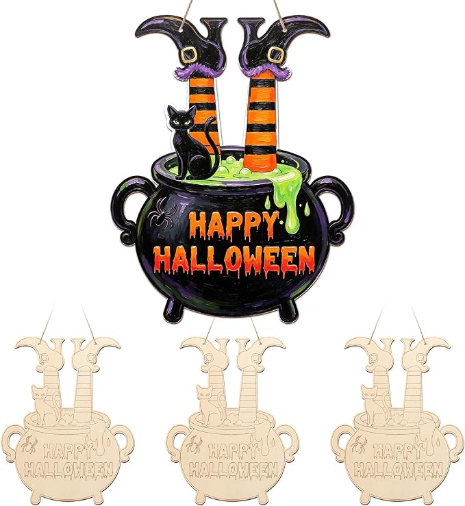 Paintable Halloween Ornaments 3 Sets, Wooden Happy Halloween Cauldron Ornaments