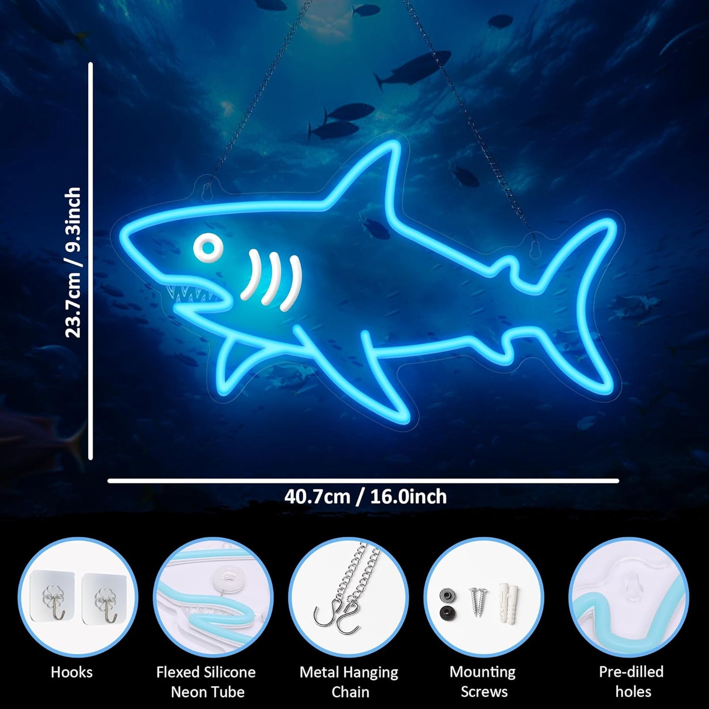 Shark Neon Light, Dimmable LED Shark Animal Neon Wall Sign USB Powered, Decorations for Bedroom Living Room Game Room Man Cave Home Birthday Gift for Boys Men
