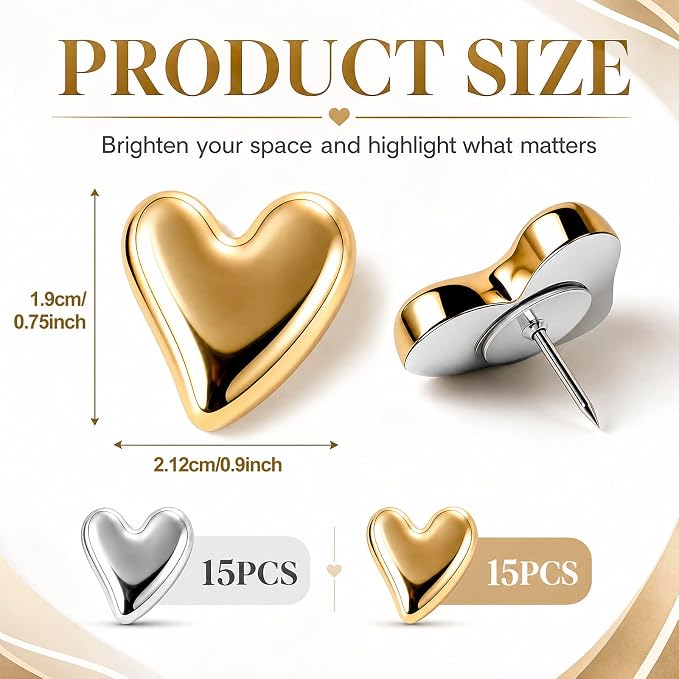 Epakh 30 Pcs Metallic Heart Thumb Tacks Decorative Push Pins Push Pins Metallic