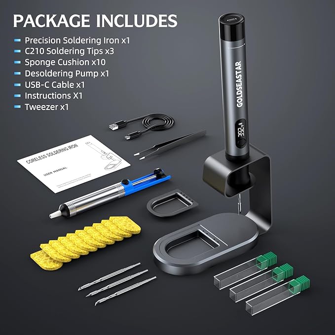 Cordless Soldering Iron Kit - 7s Fast Heating & Auto Sleep, Portable USB-C Rechargeable Welding Pen with 3 Tips (392°F/200°C to 842°F/450°C) for Electronics Repair/DIY/Circuit Board, Gunmental