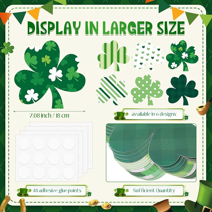 TaoBary 24 Pcs 7.09 Inch Large Shamrocks Cutouts St Patrick's Day Bulletin