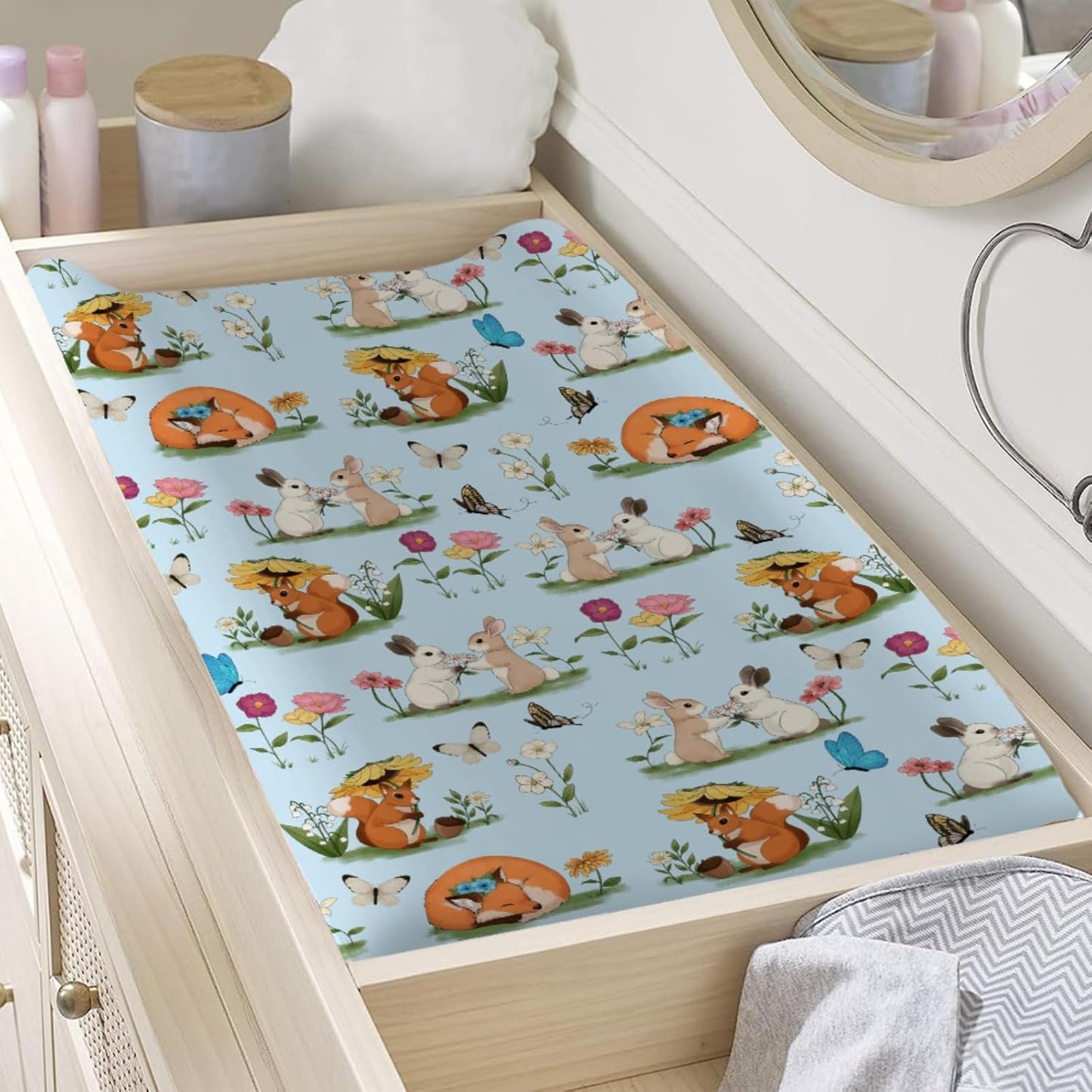 Cute Animals Spring Flowers Baby Changing Pad Covers Boy Girl 32''x16'' Bunny Fox Squirrel Butterflies Floral Fitted Diaper Change Table Mats Forest Soft Breathable Nursery Changing Table Sheets Blue
