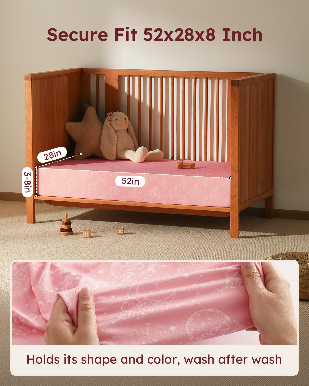 Baby Crib Sheets for Boys Girls, 28x52x8in Fitted Crib Sheet Neutral 3 Pack for Standard Crib and Toddler Mattress, Breathable Soft Microfiber Baby Sheet Pink White Moon