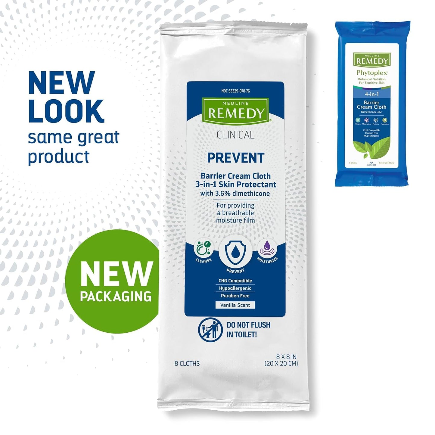 Medline Remedy Clinical 3-in-1 Barrier Cream Cloth, 8 count (1 Pack), 8 x 8 in Adult Wet Wipes, Vanilla Scent, Incontinent Care, Dimethicone, Irritated Skin, Soothing, Nourishing, Gentle