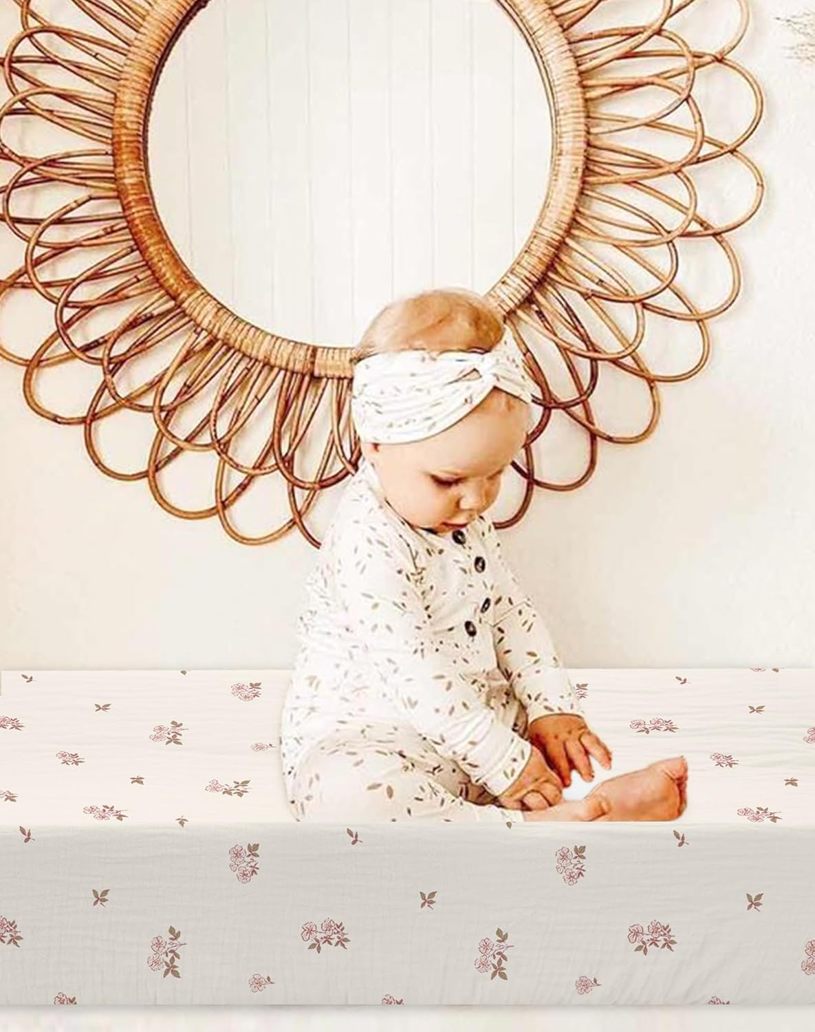 Changing Pad Cover for Baby Boy Girl 2 Pack, Muslin Changing Table Pad Covers with Boho Style, Neutral Nursery Bedding Essentials Soft and Breathable (Vintage Blossom & Pink)