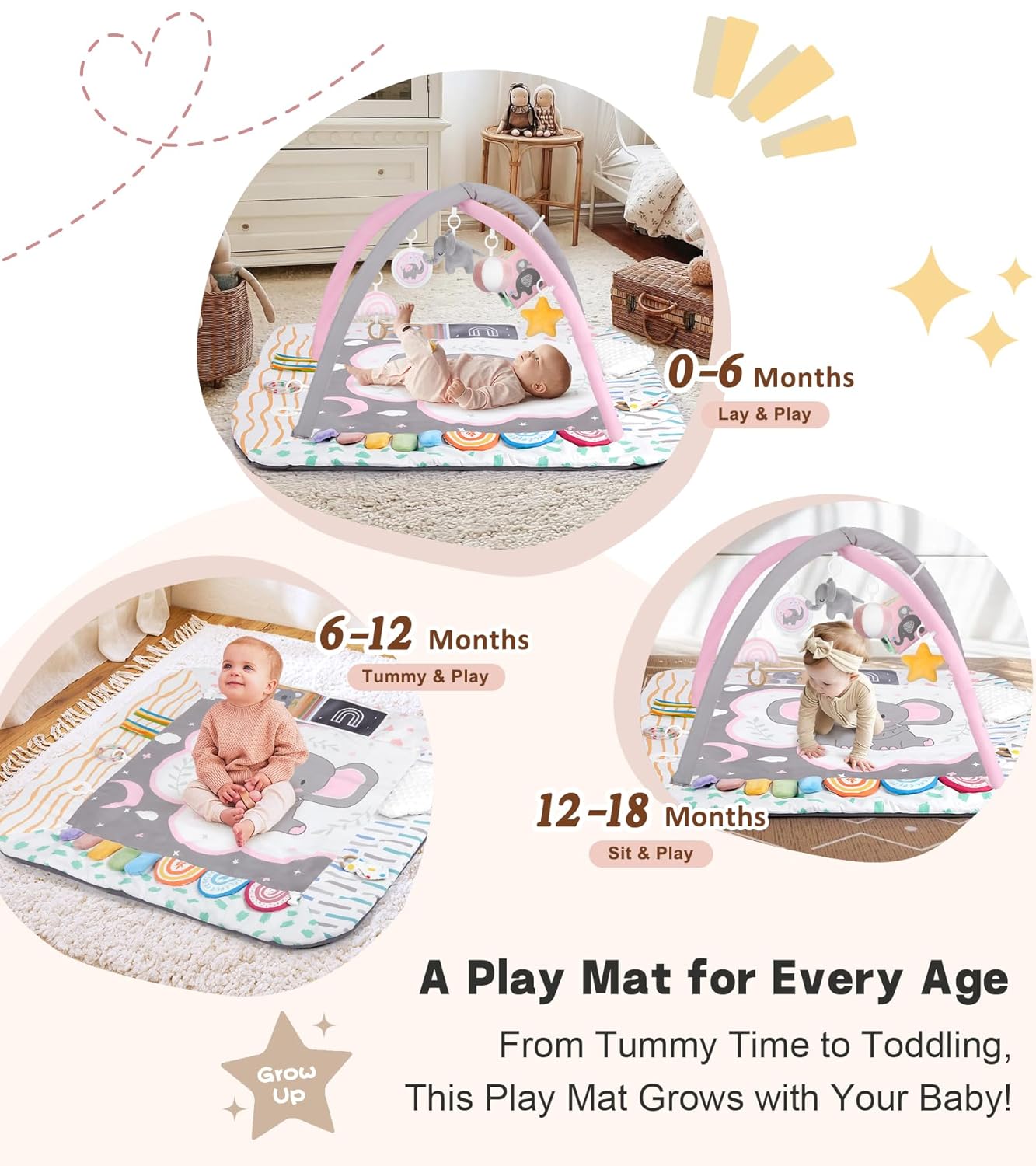 Baby Play Mat Activity Gym with Tummy Time Pillow, 6 Developmental Zones Tummy Time Mat, 6 Detachable Sensory Toys and Educational Cards, Essential Baby Shower Set, Pink Elephant