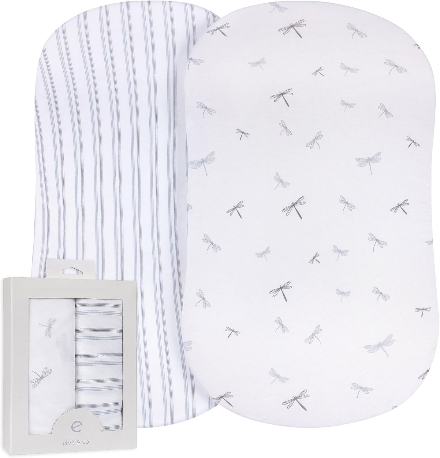 Ely’s & Co. Bassinet Sheets, Baby Boy Fitted Bassinet Mattress Sheet Set - 2 Pack, 100% Jersey Knit Cotton, fits Oval, Hourglass and Rectangle Mattress, 32”x16”x3” Blue Dragonflies + Stripes