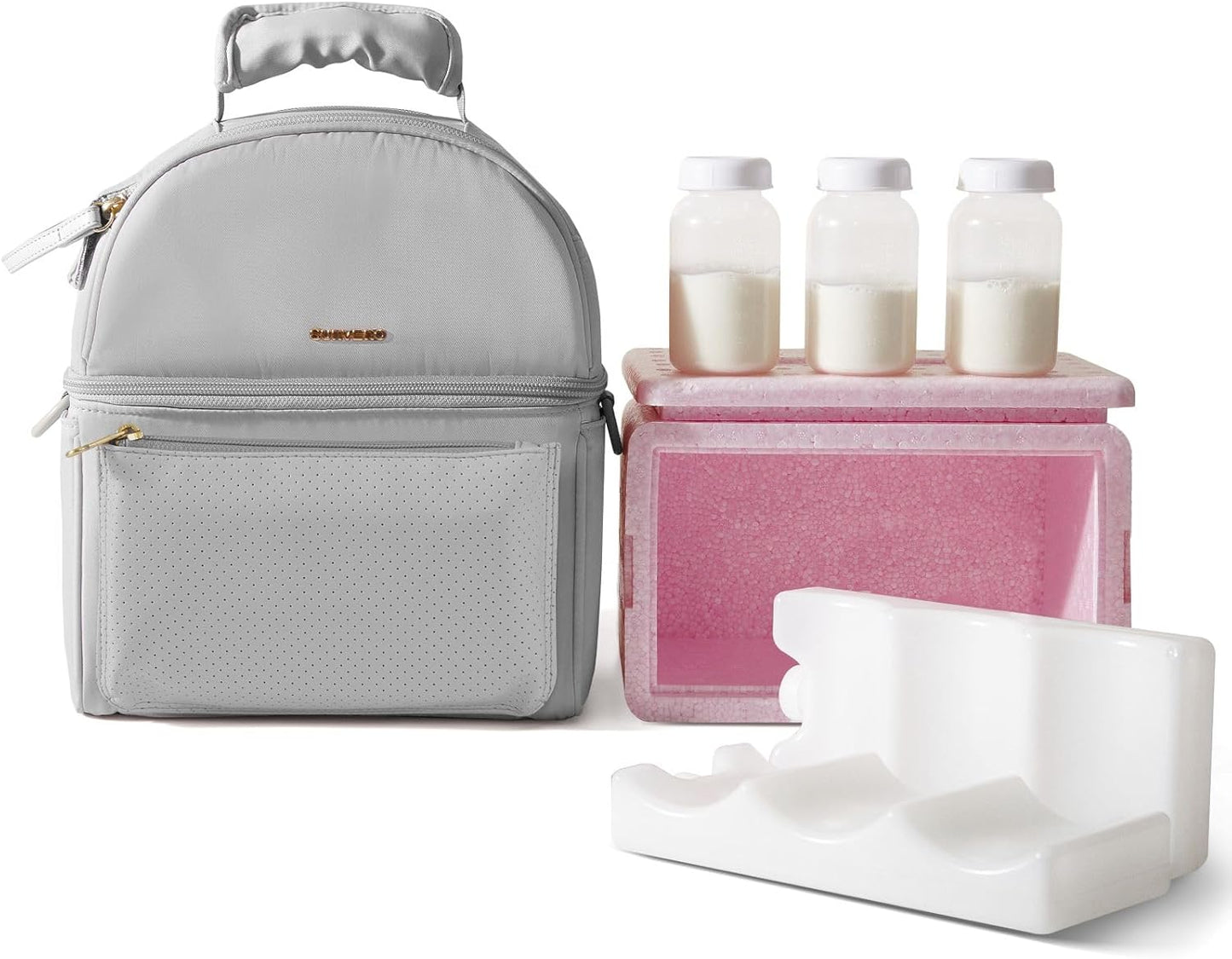 Sunveno Breastmilk Cooler Bag Set with 2 Ice Packs & Detachable Insulation Box, 15-Hour Cold Retention Foil-Lined Leak-Proof Tote Fits 3 Baby Bottles for On-The-Go Pumping Moms, Daycare & Travel,Grey