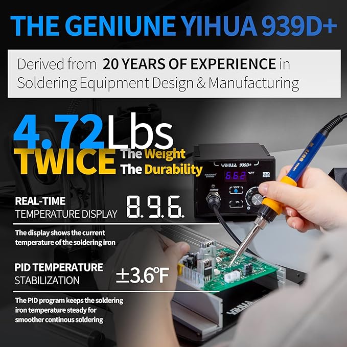 YIHUA 939D+ Digital Soldering Station, 75 Watt Equivalent with Temperature Control, °C/°F Display. ESD safe for Electronics. Aluminum Panel (Resists Burn). Solder Tips, Lead-free Solder & Extras