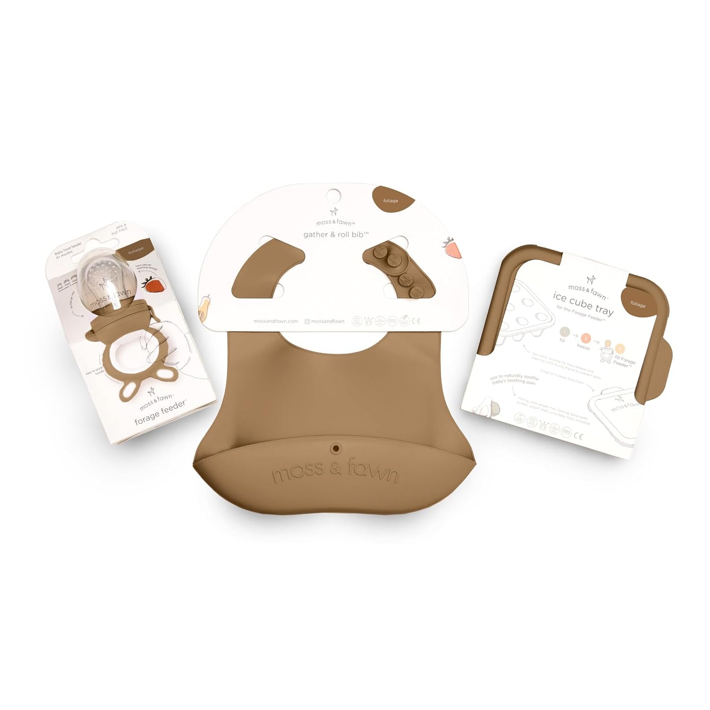 Moss and Fawn Little Explorer Kit - Silicone Frozen Breast Milk Popsicle Kit with Forage Feeder, Teething Popsicle Ice Cube Tray, & Gather & Roll Baby Feeding Bib - BPA, PVC, & Lead-Free - Foliage