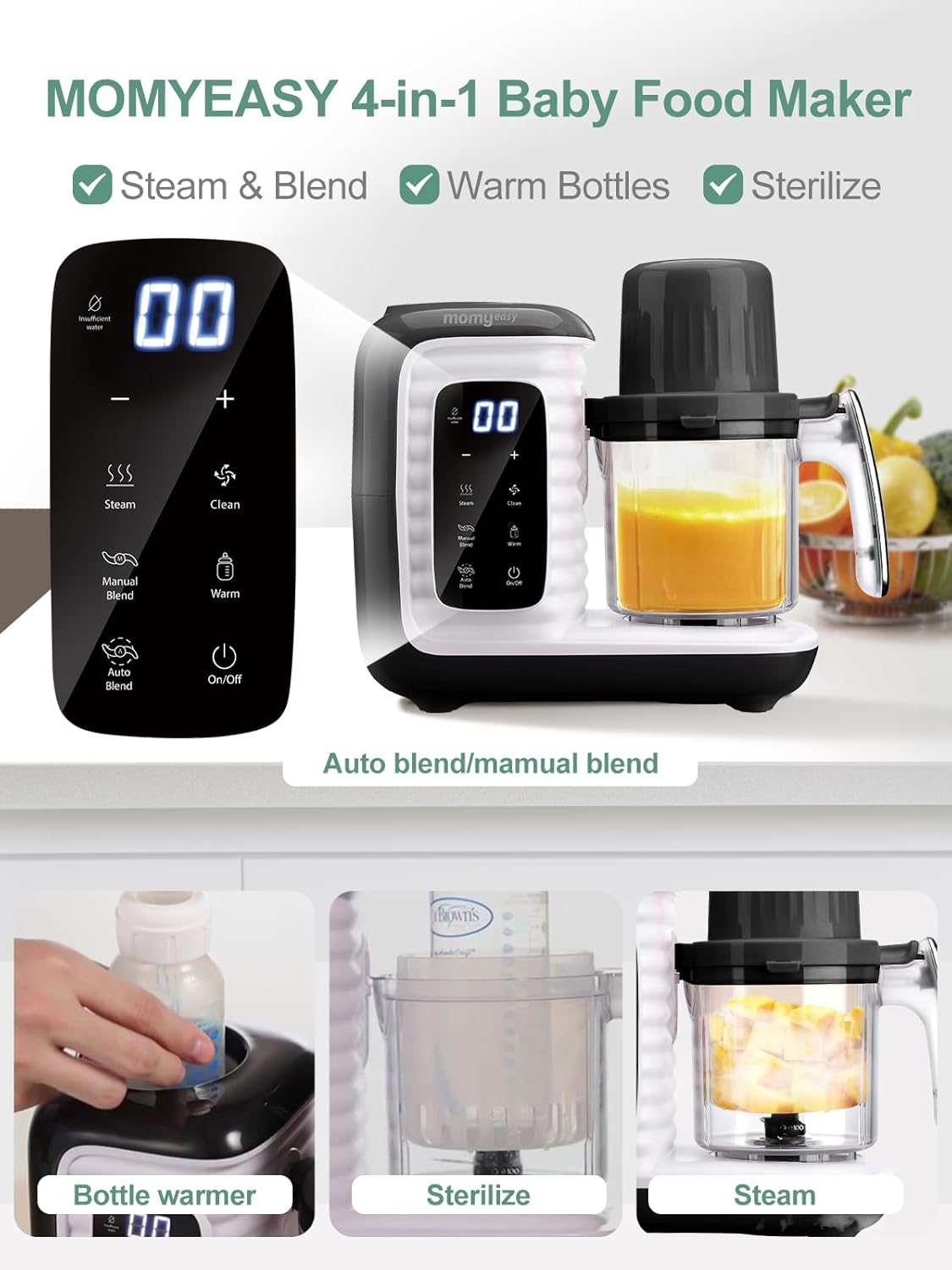 MOMYEASY Baby Food Maker, Multifunction Processor Chopper Grinder, Baby Food Steamer and Puree Blender in-One, with Bottle Warmer, Auto Cooking & Grinding with Touch Control Panel