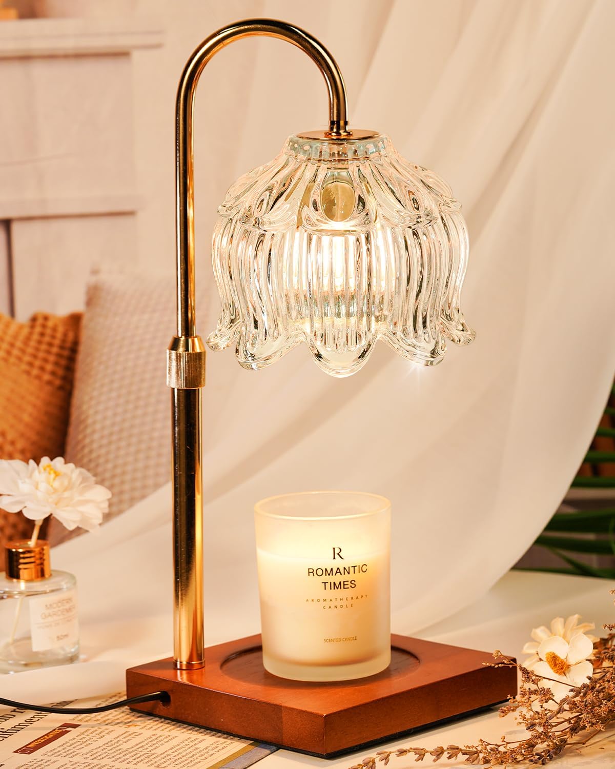 White Clear Candle Warmer Lamp with Timer & Dimmer, Candle Warmer Adjustable Height, Gifts for Women Mom Birthday Christmas, House Warming New Home Bedroom Decor, Flower Wax Warmer for Jar Candles