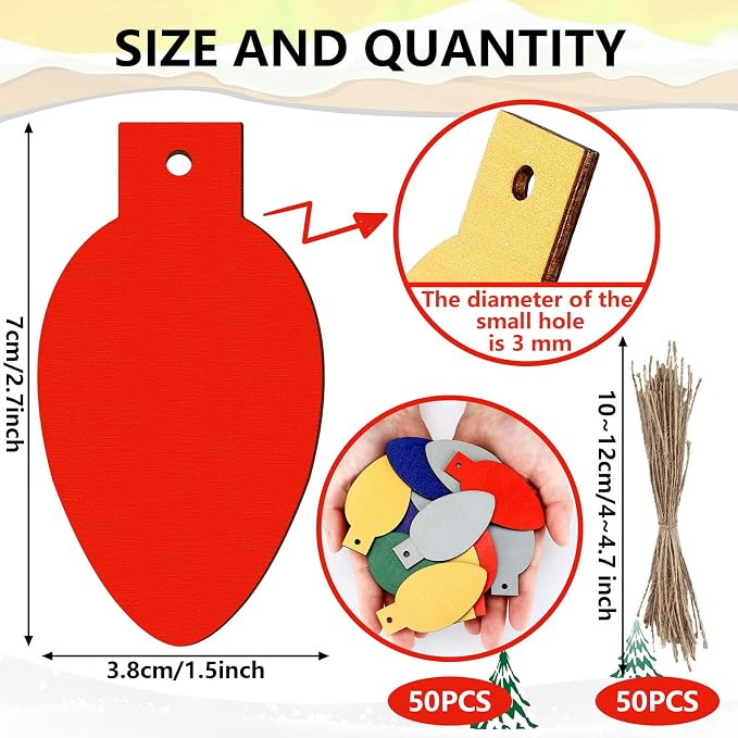 Queekay 50 Pcs Christmas Unfinished Wooden Light Bulb Wooden Slices Blank