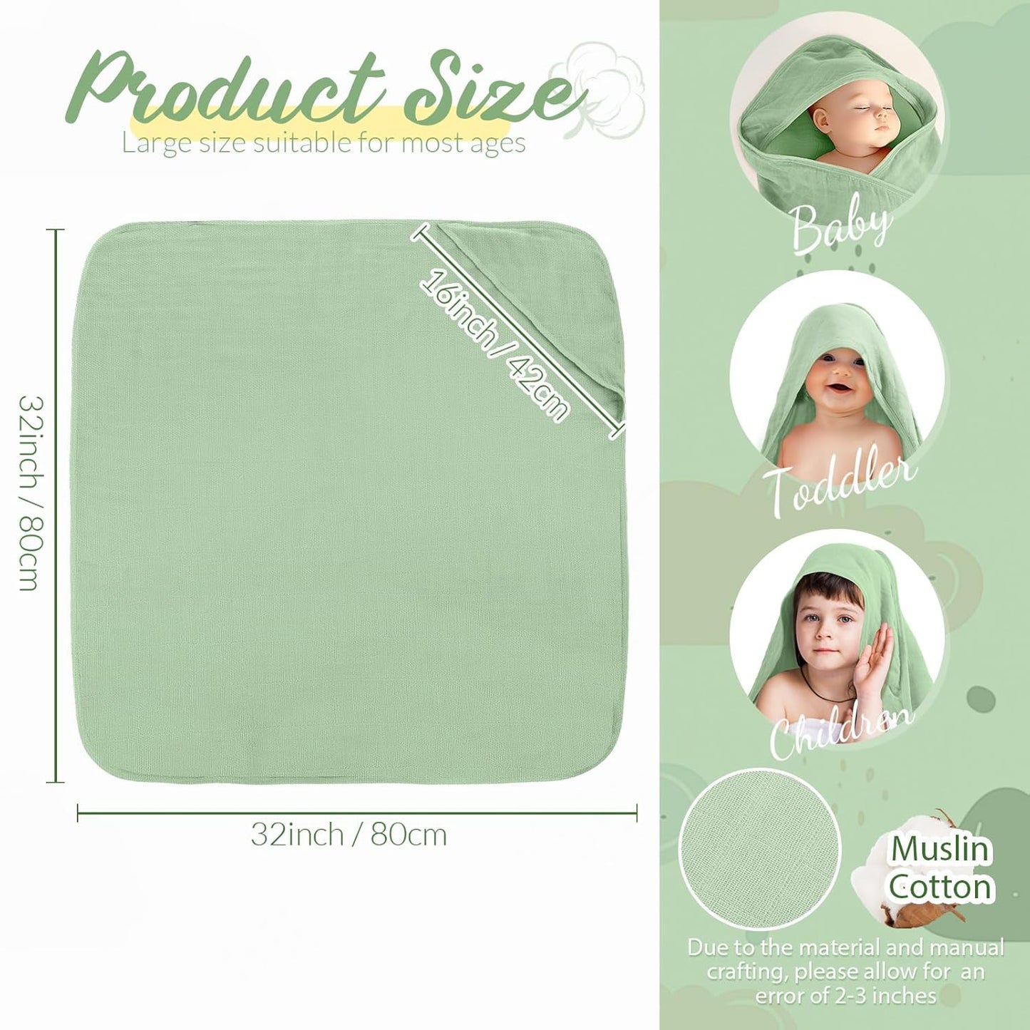 Preboun 6 Pcs Muslin Hooded Baby Towels and Washcloths 32"x 32" Cotton Newborn Bath Towel Anti-Shrink Infant Baby Blankets with Hood 12"x 12" Washcloths for Girl Boy Toddler(Ivory,Green)