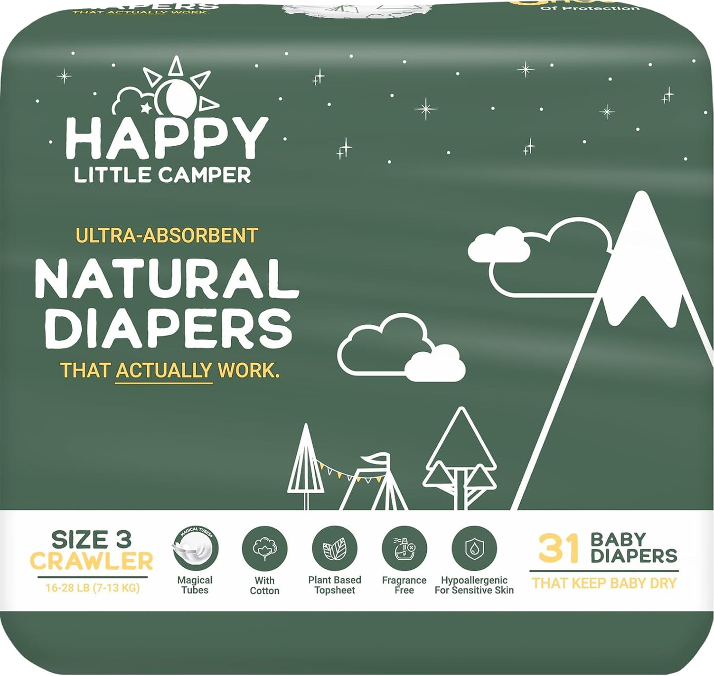 Happy Little Camper Ultra-Absorbent Natural Baby Diapers Size 3 - Hypoallergenic & Chlorine-Free Disposable Diaper Safe for Sensitive Skin - Unscented Crawler Diapers - 31 Count