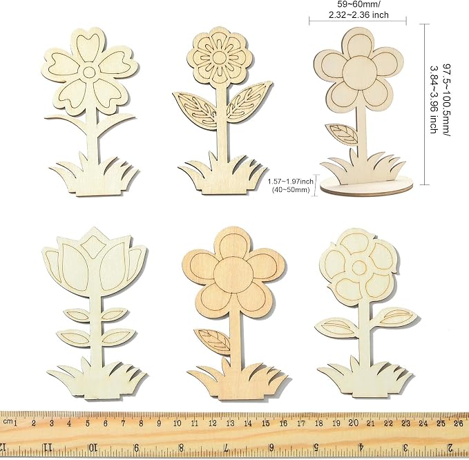 30 pcs 6 Styles Spring Flower Theme Unfinished Wooden Cutout Charms Cute Floral