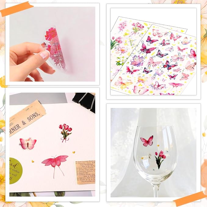 Transparent Floral Butterfly Scrapbook Stickers Pack, Waterproof Dreamy Decals