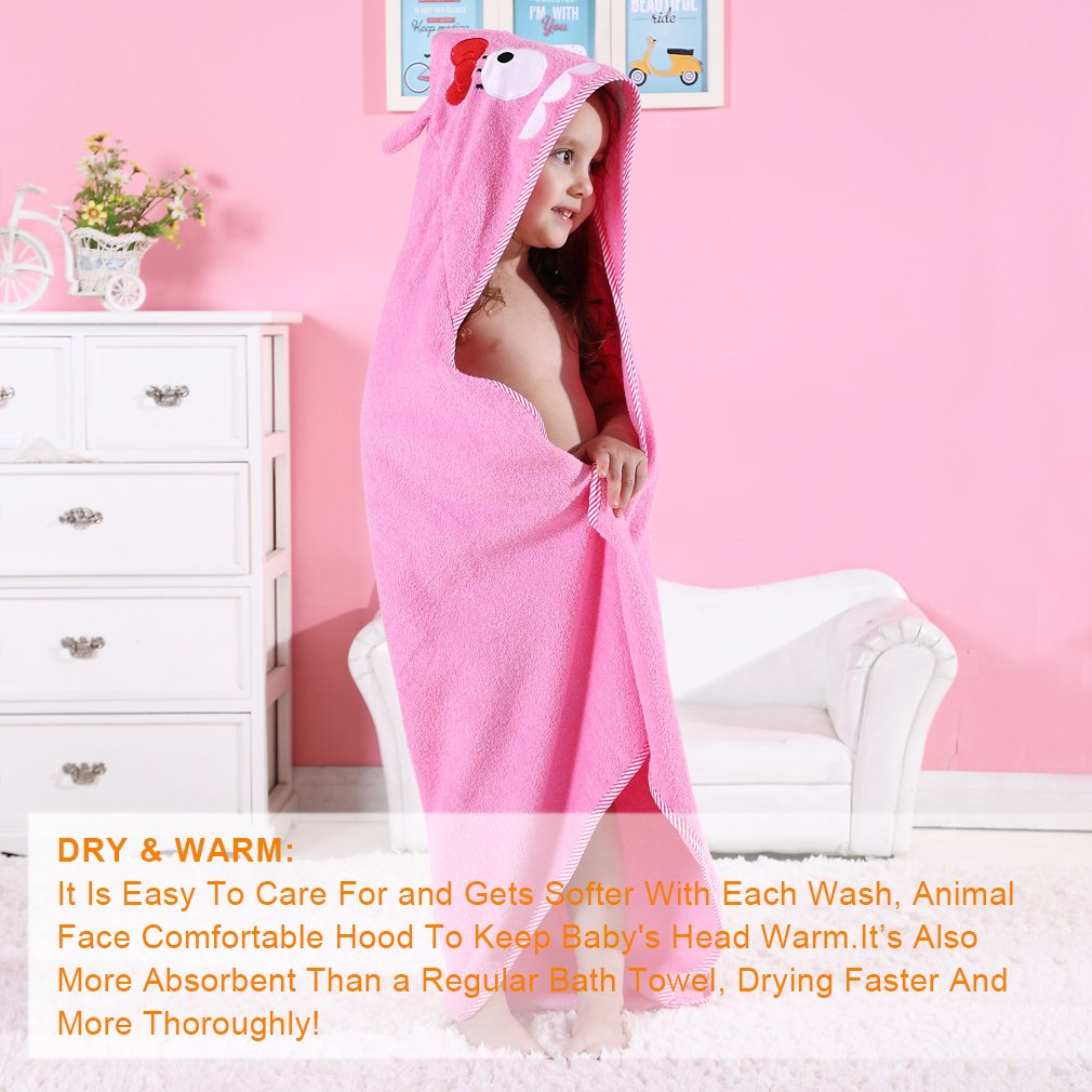 MICHLEY Animal Face Hooded Baby Towel Cotton Bathrobe for Boys Girls 0-6 Year Pink