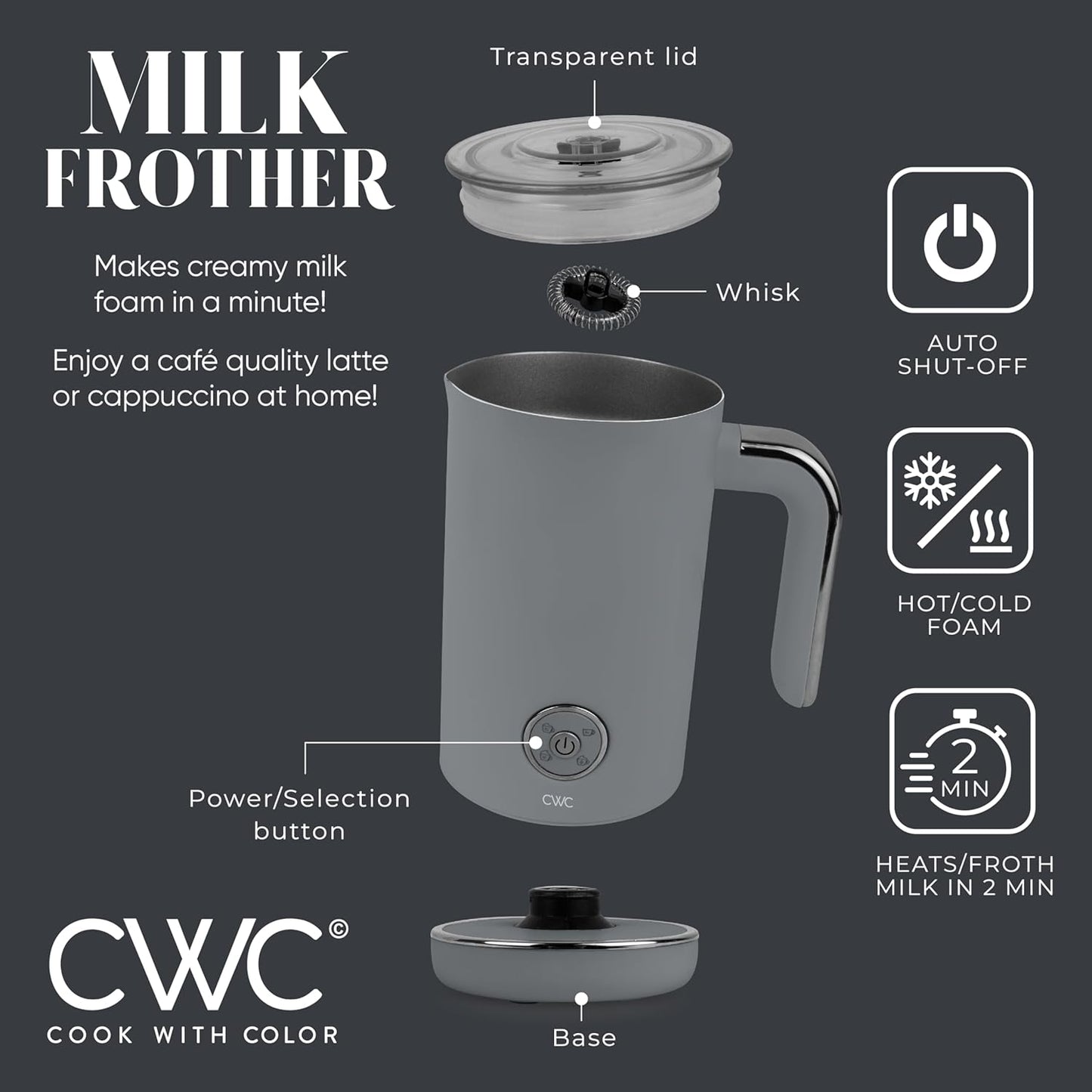 COOK WITH COLOR 4-in-1 Electric Milk Steamer and Frother - 2-Minute Heating and Frothing, Hot and Cold Foam Maker for Coffee, Latte, Cappuccino, Macchiato, Milk Warmer, Auto Shut Off, Grey
