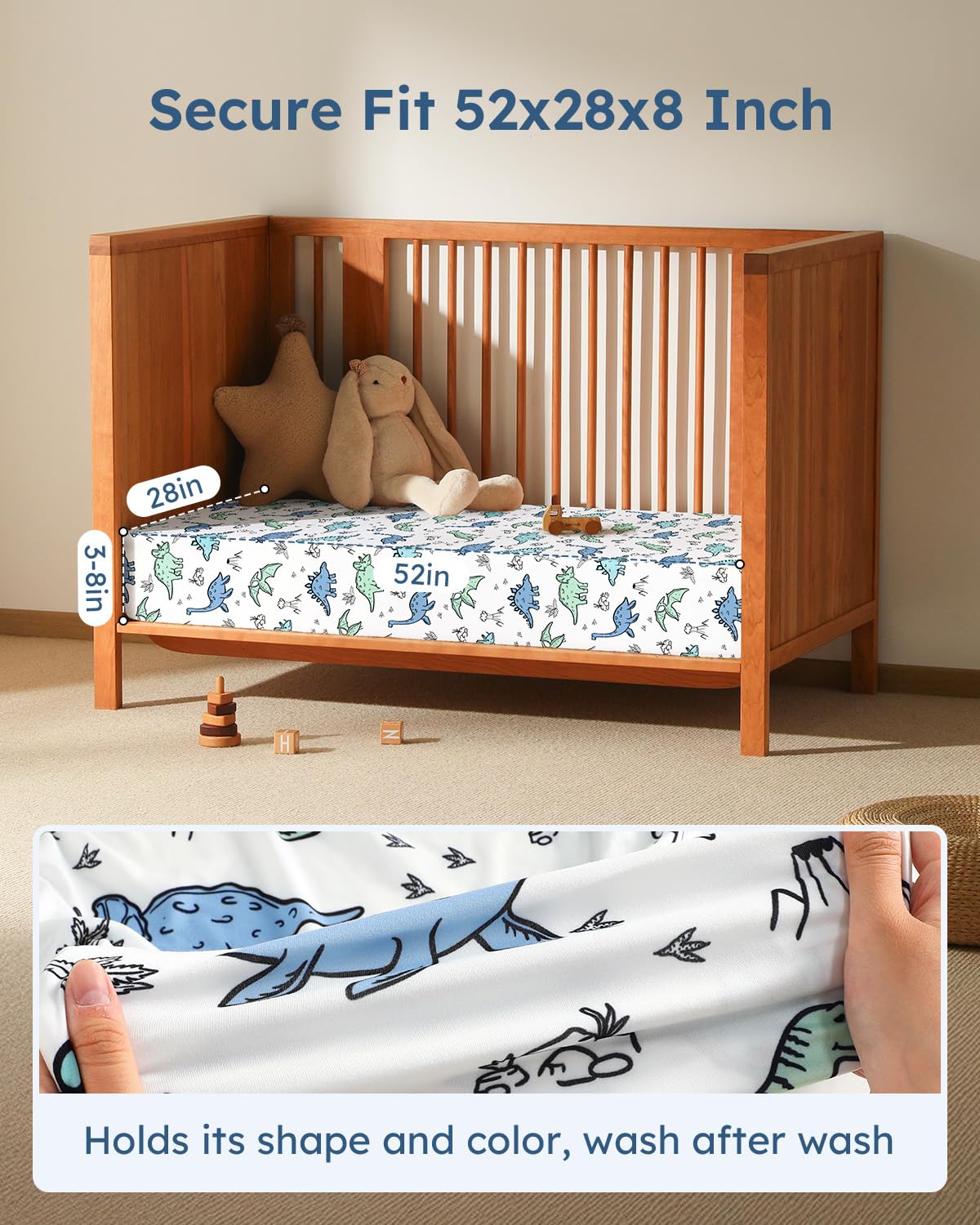 Baby Crib Sheets for Boys Girls, 28x52x8in Fitted Crib Sheet Neutral 3 Pack for Standard Crib and Toddler Mattress, Breathable Soft Microfiber Baby Sheet Green & Blue Dinosaur