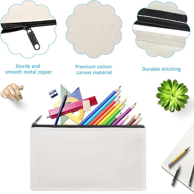 12 Pieces White Cotton Canvas Makeup Bag, Blank DIY Craft Bag