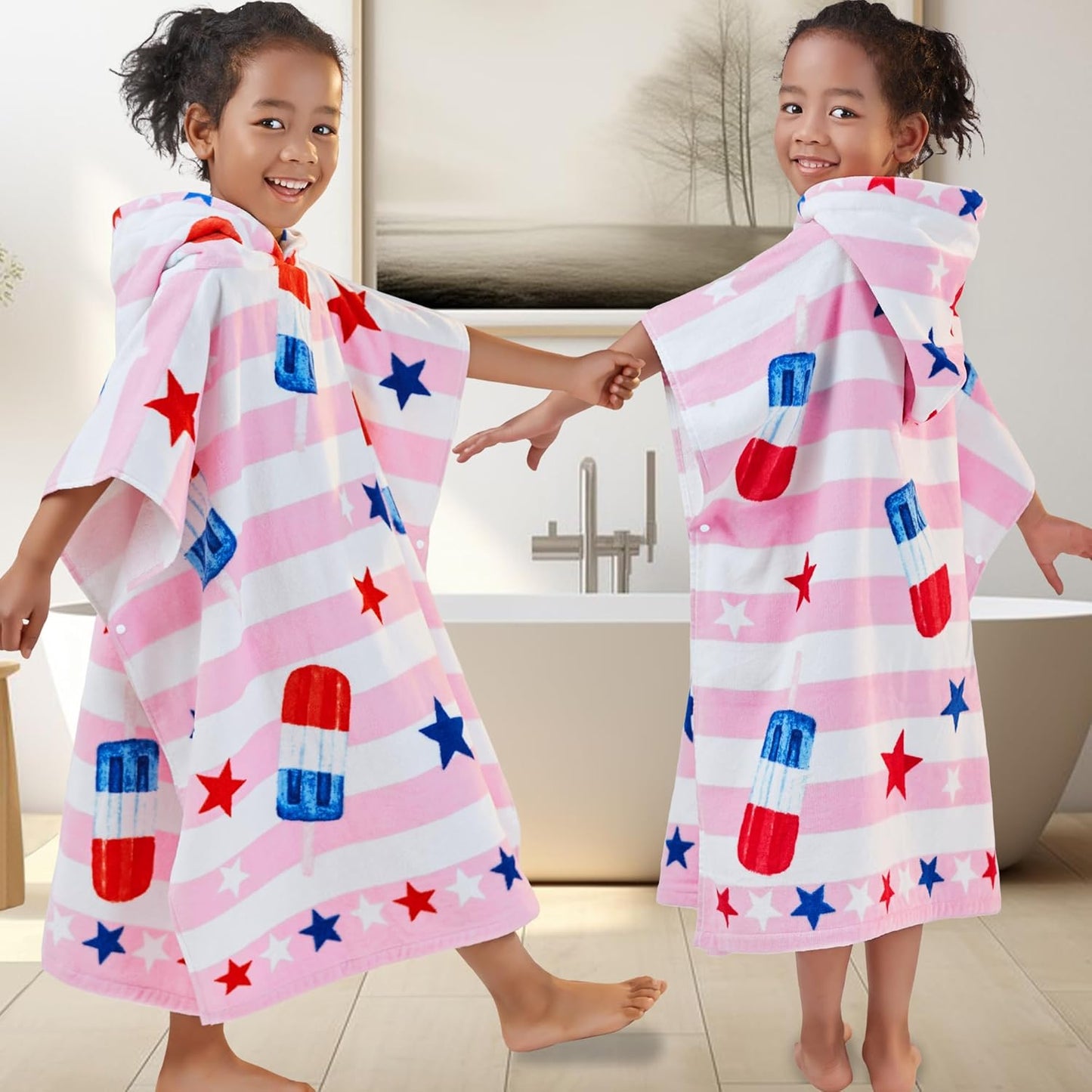 VOOVA & MOVAS Kids Beach Towels with Hood (4-8Years), Super Absorbent Soft Cotton Bath | Pool Towel for Boys and Girls, Perfect for Swim | Gifts, Pink Ice Lolly