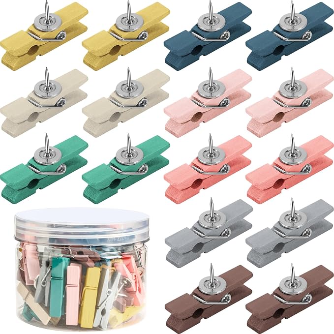 SANNIX 50Pcs Wooden Push Pin Clips, Morandi Wooden Clips