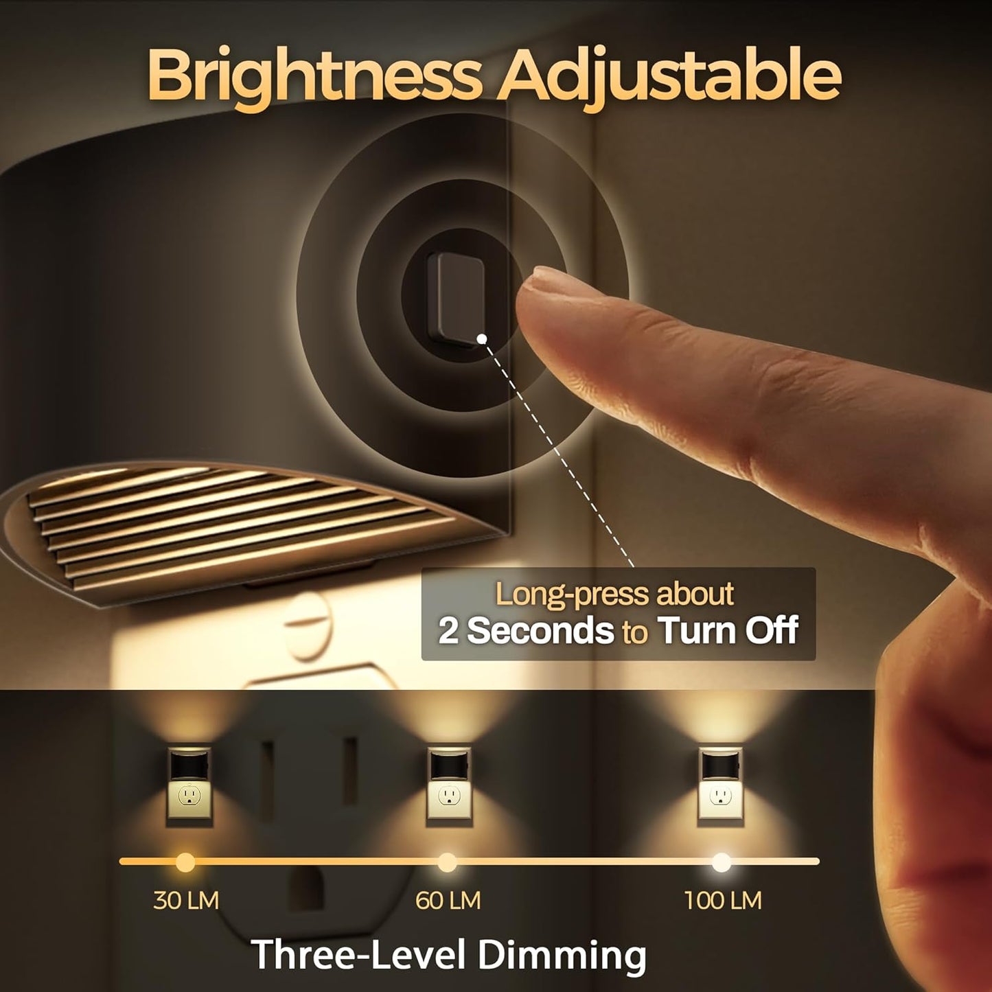 DORESshop LED Night Light[2 Pack], Night Lights Plug into Wall, 3 Level Brightness Adjustable Plug in Night Light, Dusk to Dawn Sensor, Nightlights for Adults, Bedroom, Bathroom, Hallway, 3000K