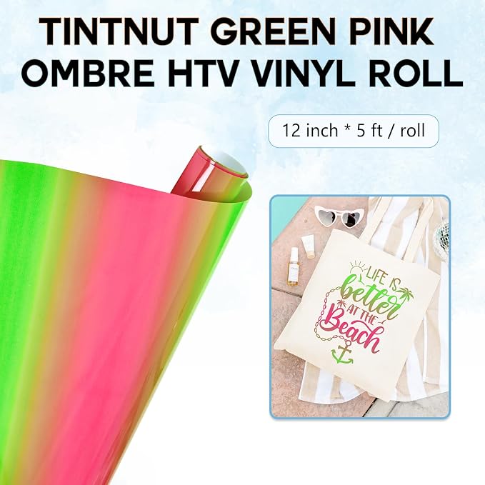 Tintnut Bright Green Pink Ombre Heat Transfer Vinyl Roll, PU HTV, easy cut &