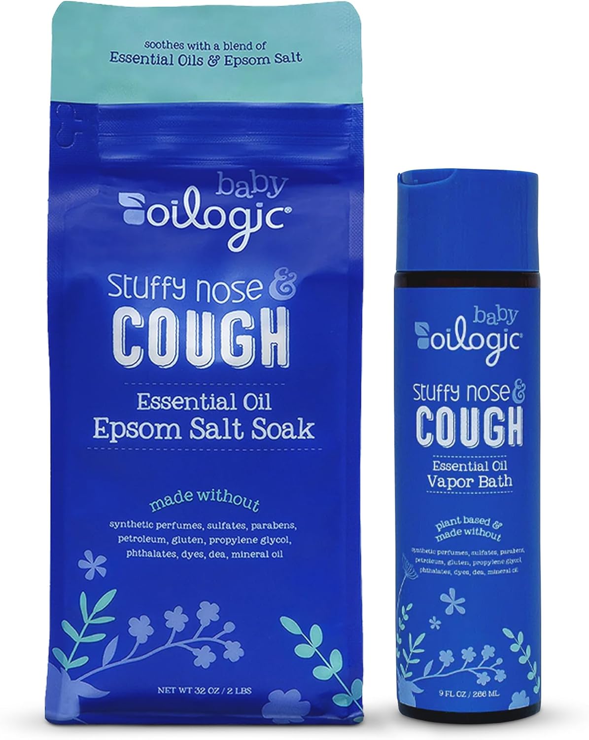 Oilogic Baby Stuffy Nose & Cough Power Bundle with Vapor Bath Relief & Epsom Salt Soak - Baby Bath Essentials - Made with Blended Essential Oils